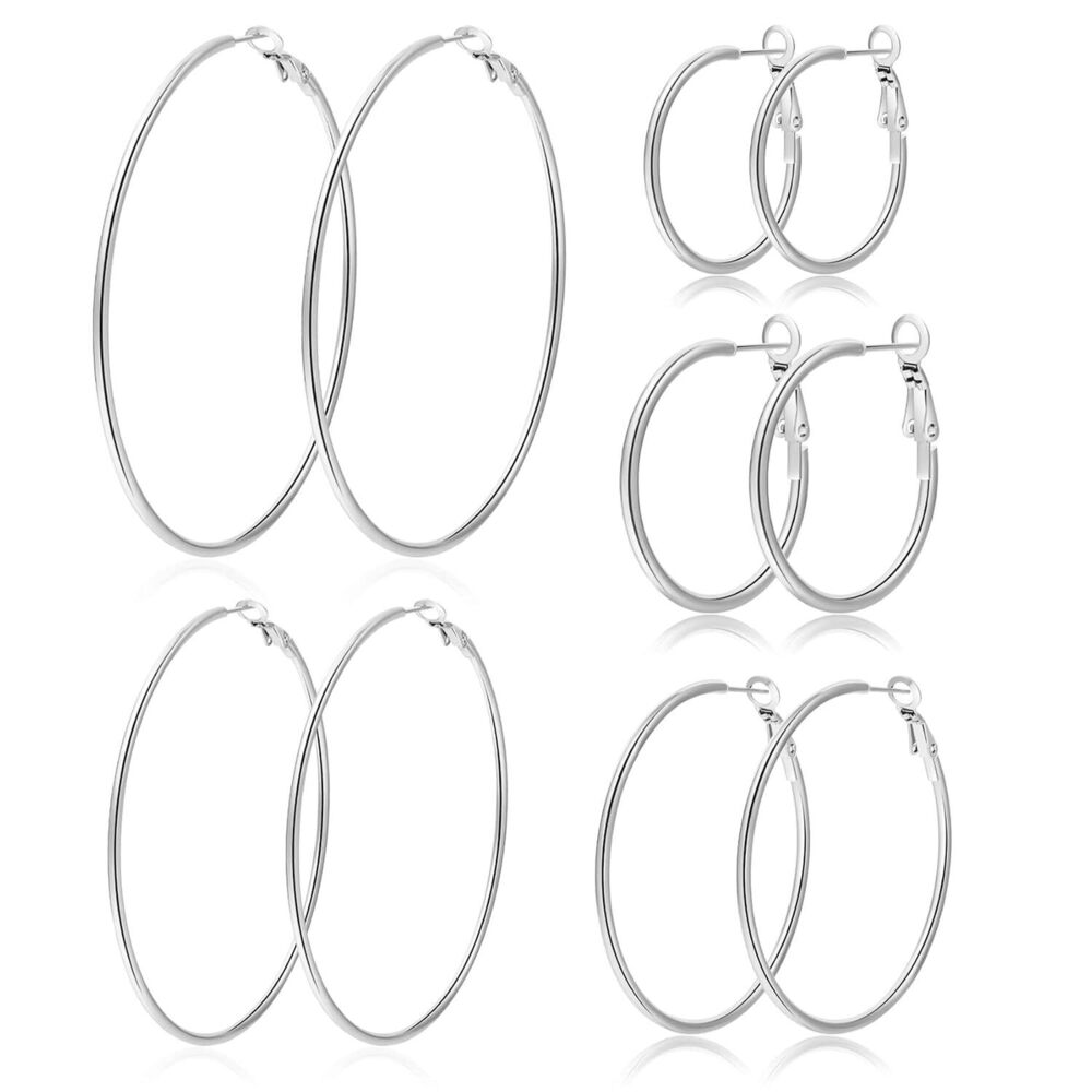 5Pairs Silver Hoop Earrings Large 316L Stainless Steel Earrings